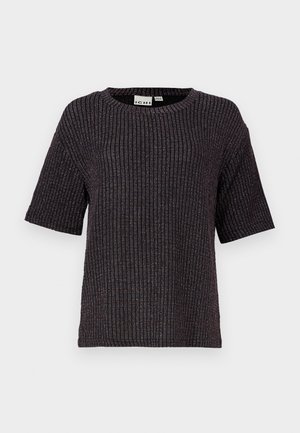 Pull court noir à rayures, à manches courtes, avec un col rond, en tissu texturé et des accents discrets de fils métalliques intégrés.
