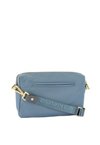 Blue synthetic crossbody bag with gold hardware, zip closure, and adjustable strap featuring the name "BOGNER" in light blue lettering.