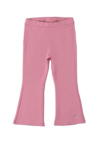 Leggings de campana rosas, hechos de un tejido elástico, con una textura suave y un pequeño acento de strass en la parte inferior izquierda.