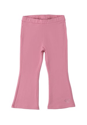 Leggings de campana rosas, hechos de un tejido elástico, con una textura suave y un pequeño acento de strass en la parte inferior izquierda.