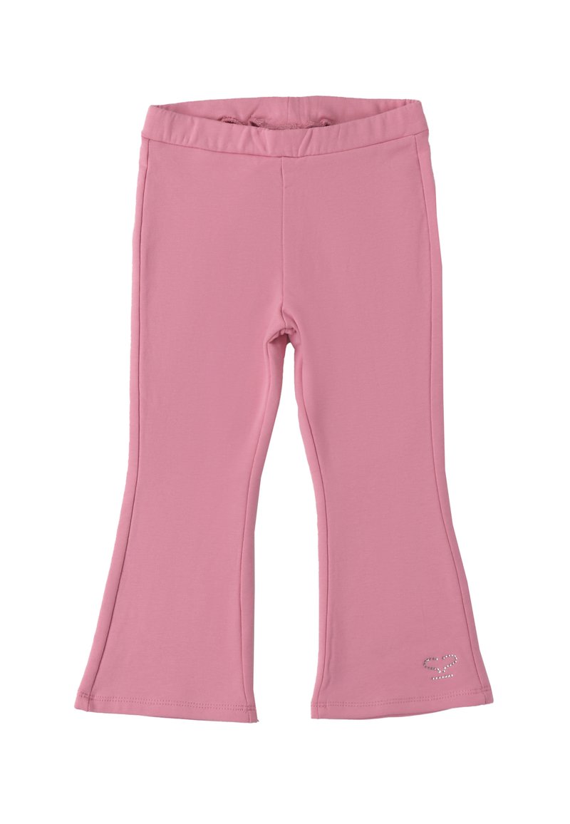 Leggings de campana rosas, hechos de un tejido elástico, con una textura suave y un pequeño acento de strass en la parte inferior izquierda.