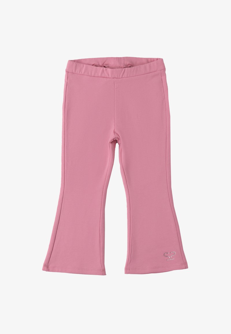 Leggings de campana rosas, hechos de un tejido elástico, con una textura suave y un pequeño acento de strass en la parte inferior izquierda.