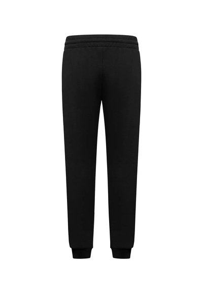 Zwarte sweatpants met een elastische tailleband, tapered beenontwerp en cuffs aan de enkels. Gemaakt van een zachte, duurzame stof. Eenvoudig en functioneel ontwerp.