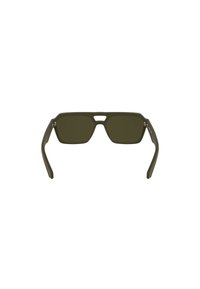 Sonnenbrille mit mattem, olivgrünem Kunststoffrahmen, rechteckigen Gläsern und schrägen Bügeln. Verfügt über eine Augenbrauenleiste und ein dezentes Branding-Detail.