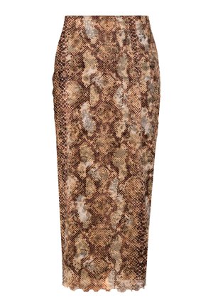 Brauner Midi-Rock mit Schlangenhautmuster, körpernah geschnitten und mit einem dezenten wellenförmigen Saum. Hergestellt aus glattem, strukturiertem Stoff.