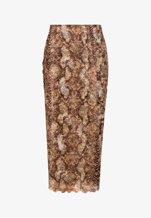 Brauner Midi-Rock mit Schlangenhautmuster, körpernah geschnitten und mit einem dezenten wellenförmigen Saum. Hergestellt aus glattem, strukturiertem Stoff.
