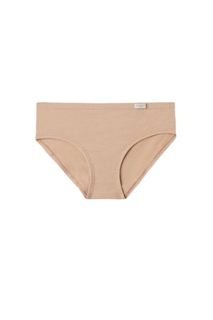 Beige cotton brief with a seamless design, wide waistband, and moderate coverage on the sides. Features a small label on the front.