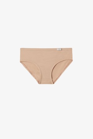 Beige katoenen slip met een naadloos ontwerp, brede tailleband en gematigde bedekking aan de zijkanten. Heeft een klein label aan de voorkant.