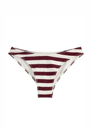 Bikinibund med vandrette hvide og mørkerøde striber, lav talje og elastik i taljen.