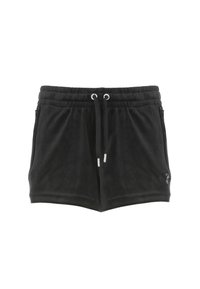 Pantaloni corti neri in morbido materiale, con vita elastica, chiusura con coulisse, tasche laterali e un piccolo logo.