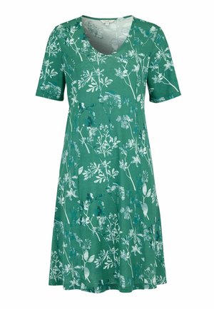 Grøn kortærmet kjole med V-udskæring og hvidt og blåt blomsterprint, knælængde og afslappet pasform.