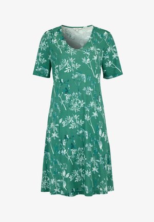 Grünes kurzärmeliges Kleid mit V-Ausschnitt und weiß-blauem Blumenmuster, knielang und leger geschnitten.