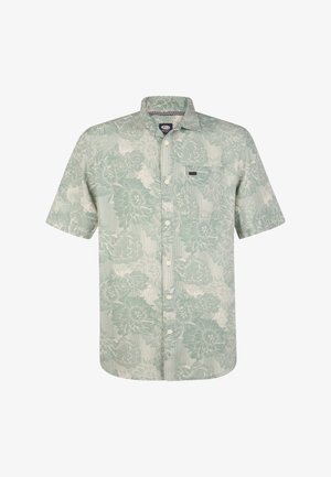 Chemise à manches courtes boutonnée avec motif floral vert pâle et une poche poitrine unique sur fond blanc.