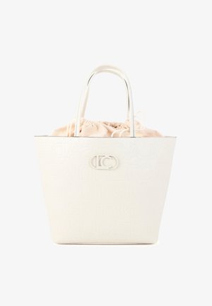 Sac fourre-tout blanc avec une doublure intérieure douce, un logo embossé et deux poignées. Il est équipé d'une fermeture à cordon de serrage et d'une texture lisse.