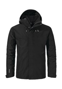 Černá nezateplená zimní bunda s nastavitelnou kapucí, předním zipem se západkami a logem na hrudi a manžetě rukávu.