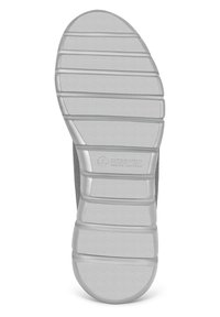 Grauem Gummisohlen mit horizontalen Rillen und einer abgerundeten Zehenpartie. Mit dem eingeprägten Text "Giesswein Merino Runners." Strukturiert Oberfläche für besseren Halt.