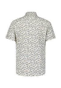 Korte mouwen shirt van lichtgewicht stof met een crèmekleurige basis en een patroon van blauwe en grijze druppelvormen. Puntige kraag en achterste yoke.