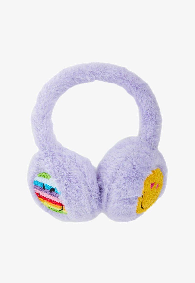 Fodere per le orecchie viola con due coppe morbide. Una presenta un design arcobaleno, mentre l'altra ha un viso sorridente giallo. Tessuto morbido, forma circolare.