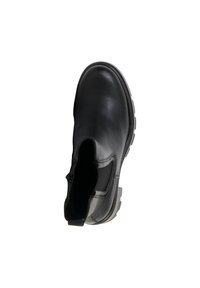 Bottine en cuir noir avec panneaux élastiques sur les côtés, surface texturée, bout arrondi et semelle robuste. Conception solide pour un usage décontracté.