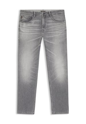 Harmaat haalistuneet slim fit -farkut, joissa on vyölenkit, etuvetoketju ja viiden taskun muotoilu, aseteltuna tasaisesti valkoiselle taustalle.