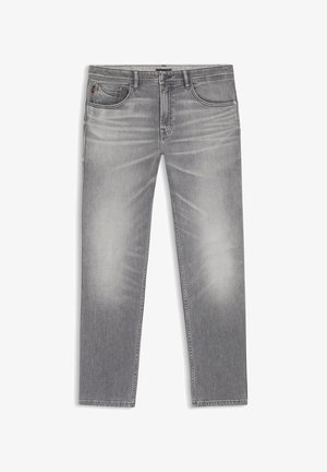 Harmaat haalistuneet slim fit -farkut, joissa on vyölenkit, etuvetoketju ja viiden taskun muotoilu, aseteltuna tasaisesti valkoiselle taustalle.