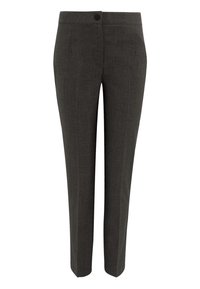 Gray tailored trousers with a smooth texture, straight leg design, and single button closure at the waist.