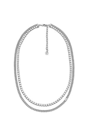 Collana d'argento con doppie catene sovrapposte, una con strass circolari e l'altra con un design a spirale, completata con un gancio a moschettone.