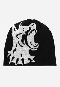 Bonnet en tricot noir avec un design de tête de loup blanc. La texture est lisse et offre un ajustement serré, et le motif met en valeur des détails de fourrure et de traits du visage.