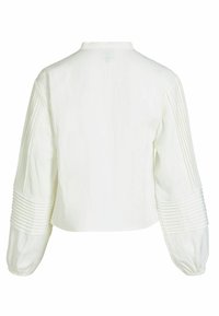 Hvid cropped bluse med lange ærmer og plisserede detaljer. Stoffet har en blød, let struktureret overflade og en simpel rund halsudskæring.