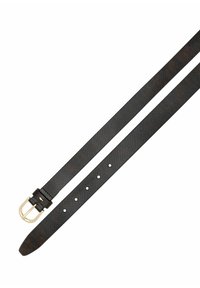 Czarny skórzany pasek z teksturowaną powierzchnią, złotą metalową klamrą i wieloma otworami do regulacji. Posiada zakończenie w kształcie szpica.