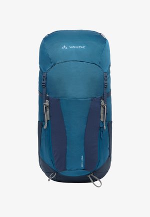 Vaude rugzak in donker teaal en marineblauw, gemaakt van gestructureerde stof, heeft meerdere ritsen, verstelbare schouderbanden en gaas zijvakjes.