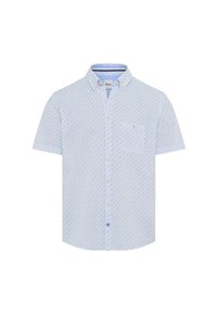Camicia a maniche corte con bottoni di colore azzurro chiaro, con un piccolo motivo ripetuto, una tasca sul petto e colletto con bottone.