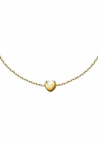 Goldene Halskette mit einem herzförmigen Anhänger, der einen kleinen Diamant-Akzent aufweist, verbunden durch eine zarte Kette. Glänzende Oberfläche, minimalistisches Design.