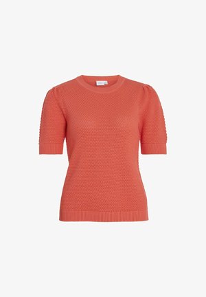 Korallitoon kudum, lühikeste tekstureeritud varrukatega, ümmarguse kaelusega ning soonikute ja äärtega. Kangas on v Distributoriga nagu vahvlit.