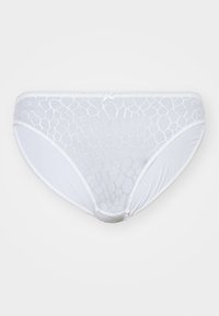 Hvit undertøy med en teksturert, mønstret mesh foran, glatte stoffkanter og en liten sløyfe detalj i midjen.