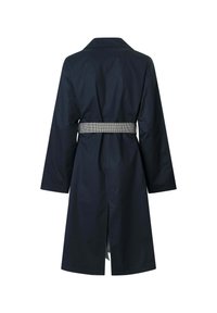 Námořnický trenčkot s páskem v pase, dlouhými rukávy, zadním rozparkem a klasickým límcem. Vyrobený z hladké tkaniny s elegantním povrchem.