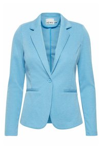 Blazer pour femme bleu clair en tissu texturé, doté d'un col à crans, d'une fermeture à un bouton et de deux poches avant.