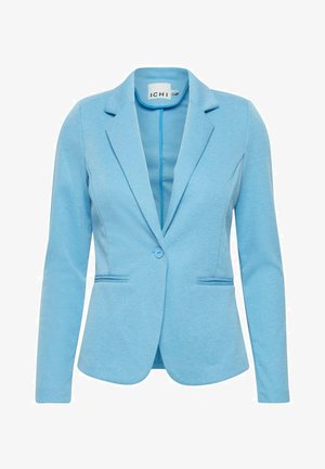 Svijetloplava ženska blazerica od teksturiranog materijala, s oštrim ovratnikom, jednim dugmetom za zatvaranje i dva prednja džepa.