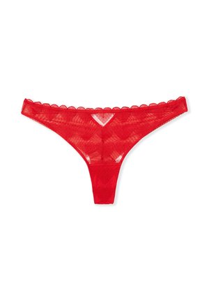 Czerwone stringi z koronki z falowanym brzegiem, przezroczystą teksturą i geometrycznym wzorem na całej powierzchni. Minimalistyczny design z cienkimi paskami.