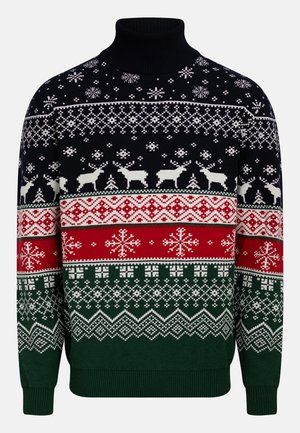 Suéter tejido multicolor con cuello alto. Presenta patrones geométricos y motivos de renos en colores azul marino, verde, rojo y blanco.