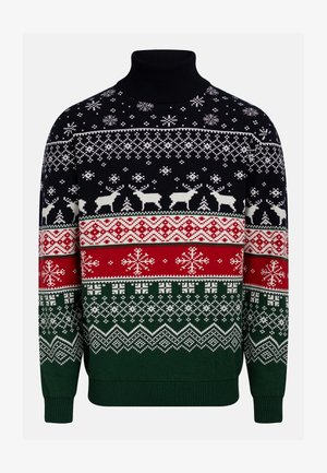 Suéter tejido multicolor con cuello alto. Presenta patrones geométricos y motivos de renos en colores azul marino, verde, rojo y blanco.