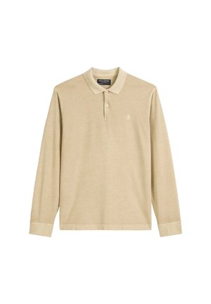 Beige Langarm-Polohemd aus weichem Stoff, mit Kragen, Knopfleiste und dezentem gesticktem Logo auf der linken Brust.