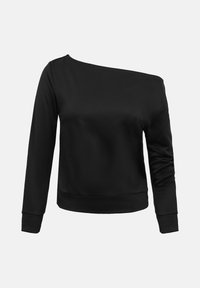 Haut noir à manches longues avec une encolure asymétrique dévoilant une épaule et des poignets ajustés, présenté sur un fond clair uni.