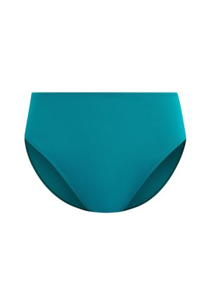 Turkoois hoge taille bikinibroekje met een gladde textuur, voorzien van een ontwerp met volledige bedekking en nette stiksels langs de randen.