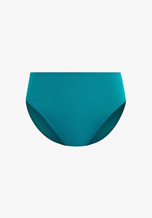 Turkoois hoge taille bikinibroekje met een gladde textuur, voorzien van een ontwerp met volledige bedekking en nette stiksels langs de randen.