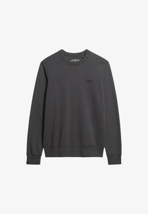 Grauer Pullover aus weichem Material, mit Rundhalsausschnitt, langen Ärmeln und einem dezenten, eingeprägten Logo auf der Brust.