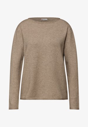 Maglione beige a maniche lunghe realizzato in tessuto lavorato a maglia testurizzato. Presenta una scollatura ampia e una vestibilità rilassata con orlo dritto. Nessun abbellimento visibile.