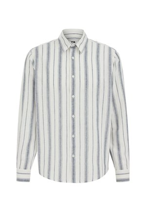 Langærmet skjorte med knapper, hvid bund og lodrette blågrå striber, med klassisk krave og manchetter med knapper.