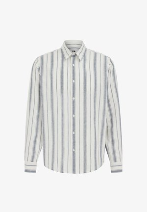Chemise à manches longues avec base blanche et rayures verticales bleu-gris, dotée d'un col classique et de poignets boutonnés.