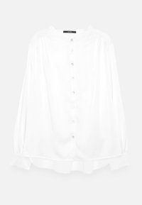 Camicia bianca con bottoni, caratterizzata da maniche lunghe, scollatura rotonda, tessuto morbido e orlo arricciato con bottoni trasparenti e arrotondati lungo la parte anteriore.